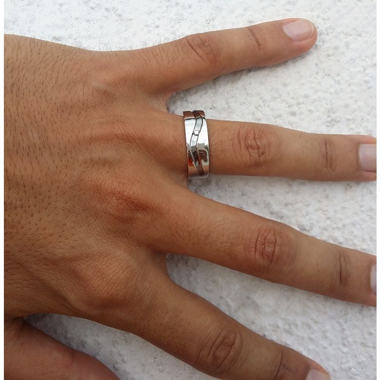 Bague anneau originale Homme en or blanc - Diamant demi-clos serti - 5