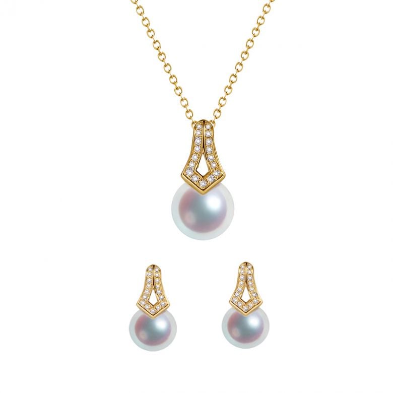 Pendentif et Boucles Michiko. Perles Akoya, Or jaune, diamants - 4