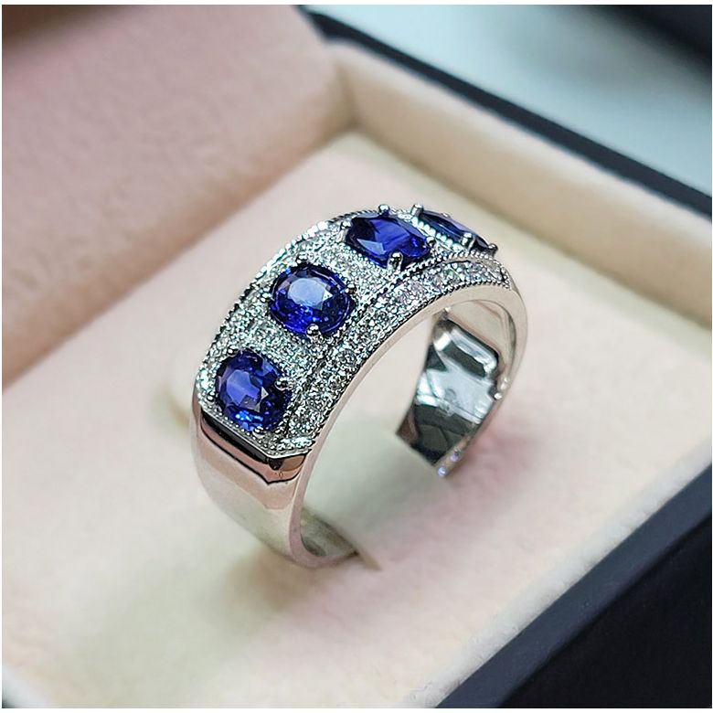 Bague quatuor saphirs. Pavage diamant. Or blanc | Bhagya - 7