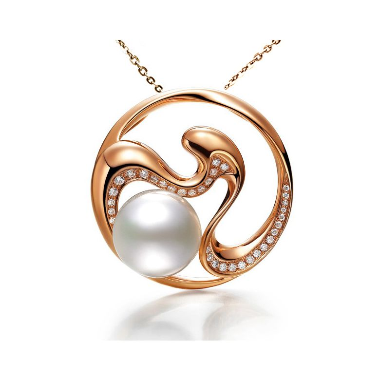 Pendentif fleur de pêcher - Perle d'Australie, diamants, or rose - 1