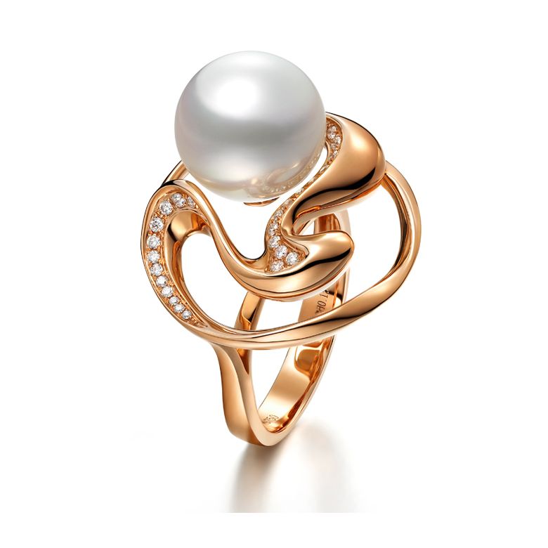 Bague fleur de pêcher - Or rose et perle blanche des mers du sud - 1
