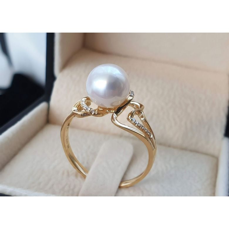 Bague moderne luxe perle de culture blanche - Or jaune, diamants - 7