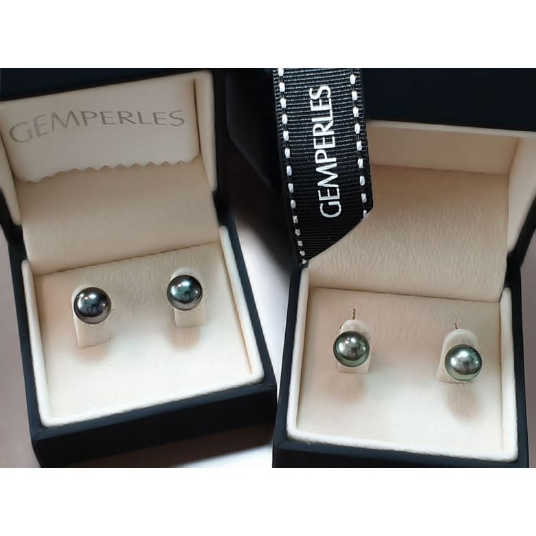 Boucles oreilles clous, or jaune - Perles de Tahiti noires, orient vert - 9/10mm - GEMME - 6