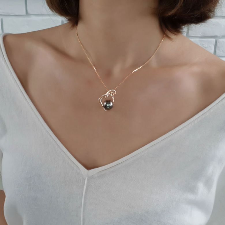 Pendentif coeur nébuleux, romantique - Perle Tahiti - Or jaune, diamants - 2
