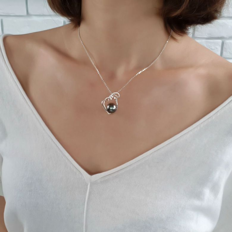 Pendentif coeur nébuleux, romantique - Perle Tahiti - Or blanc, diamants - 2