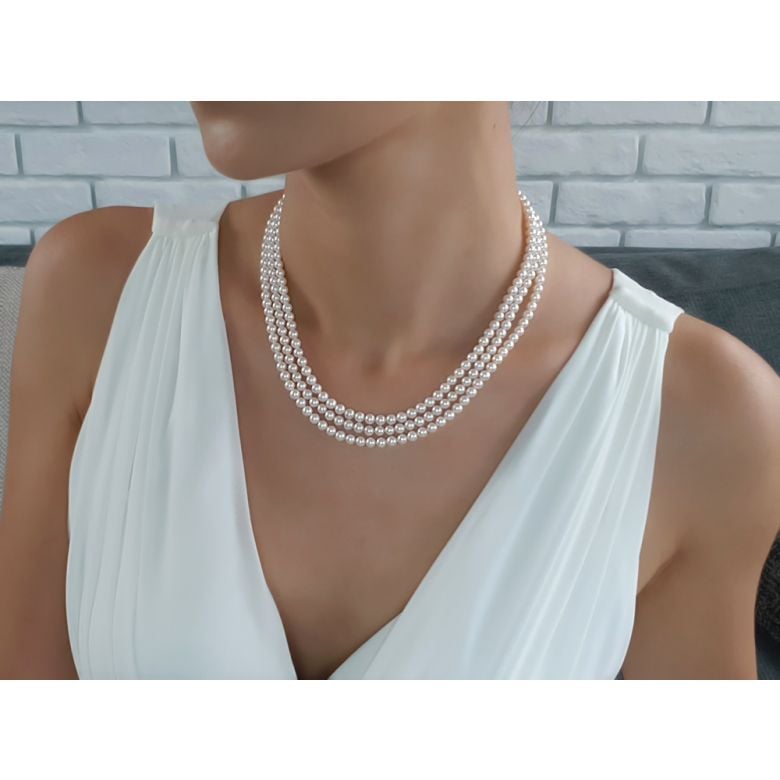 Collier perles 3 rangs mariage. Perle Blanche 5/5.5mm - 6