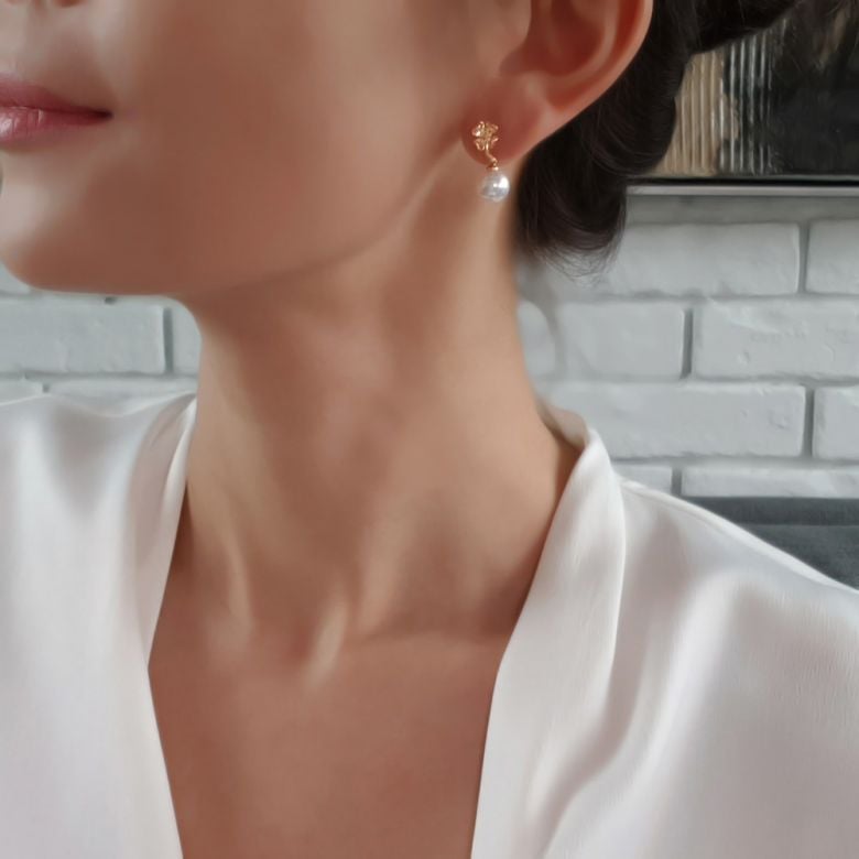Boucles oreilles pendants - Perles Akoya - AAA - Or jaune et Diamants - 5