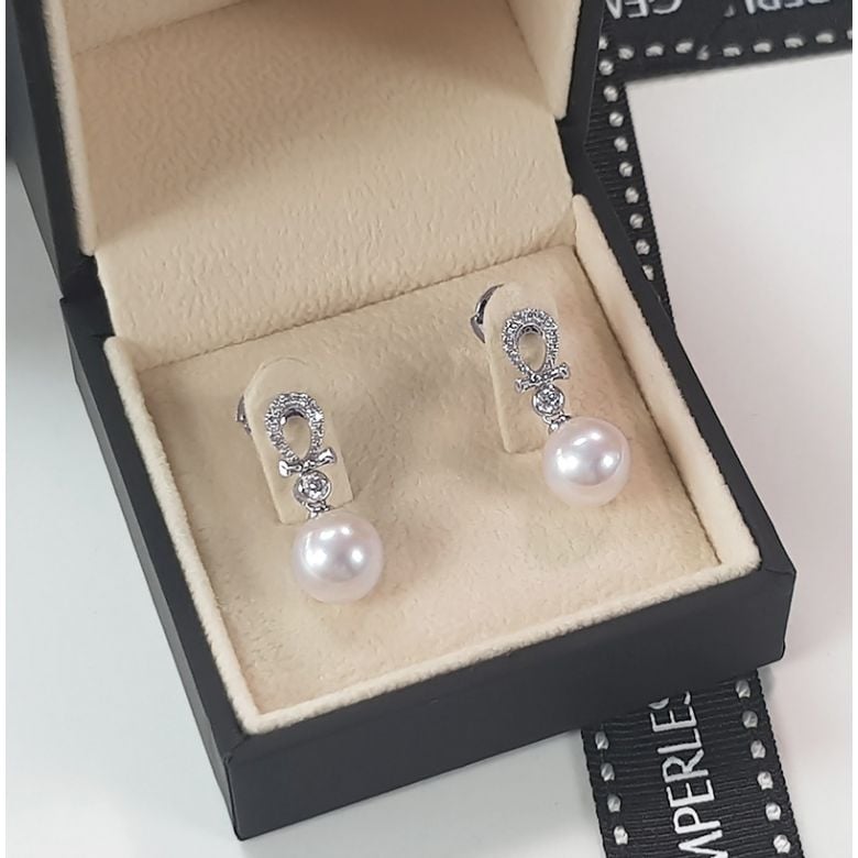 Boucles d'oreilles bambou. Or blanc, perles et diamants - 4