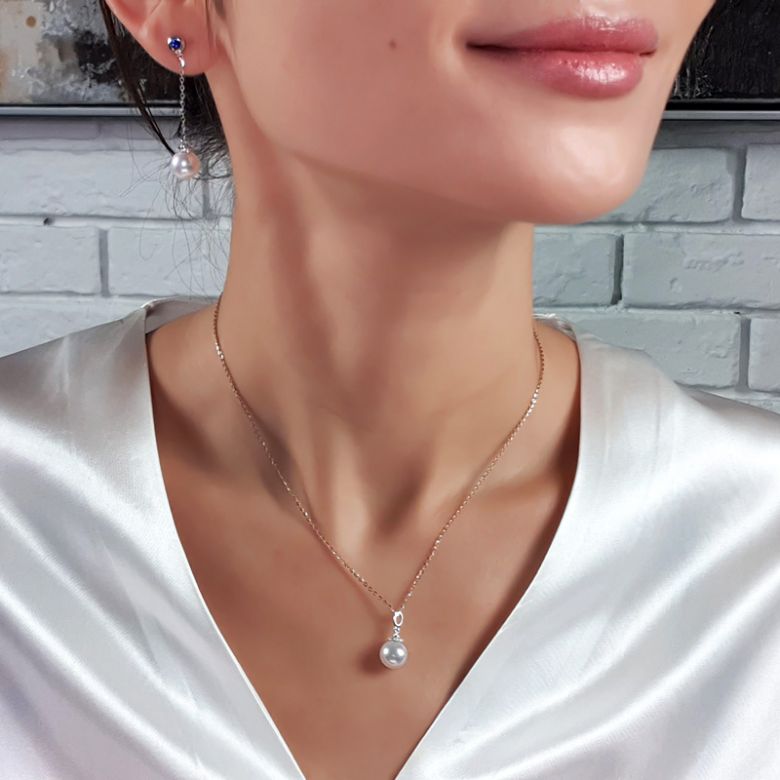 Boucles Pendantes Perles Akoya. Or blanc, saphirs et diamants - 7