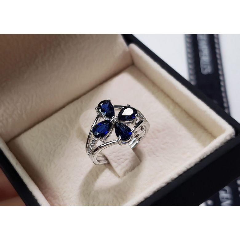 Bague solitaire saphirs fleur et Or blanc. Linéaire diamants - 6