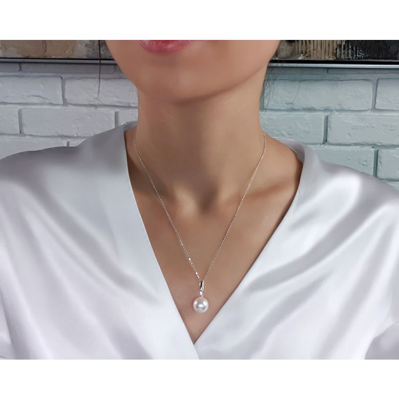 Pendentif Hainan - Tige or blanc, diamant demi clos - Perle blanche - 14