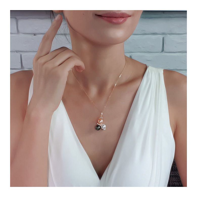 Pendentif trilogie - Perle Tahiti, perles eau douce - Or jaune, diamants - 3