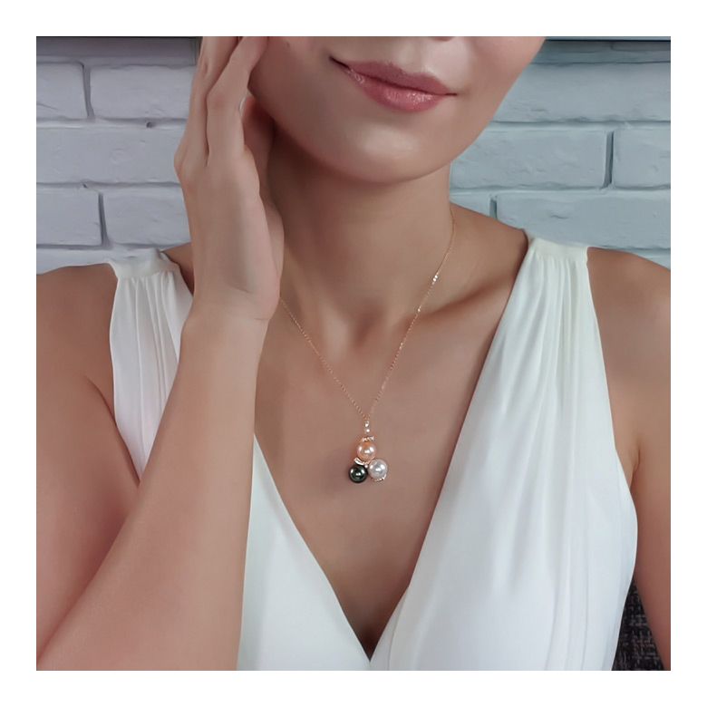 Pendentif trilogie - Perle Tahiti, perles eau douce - Or jaune, diamants - 5