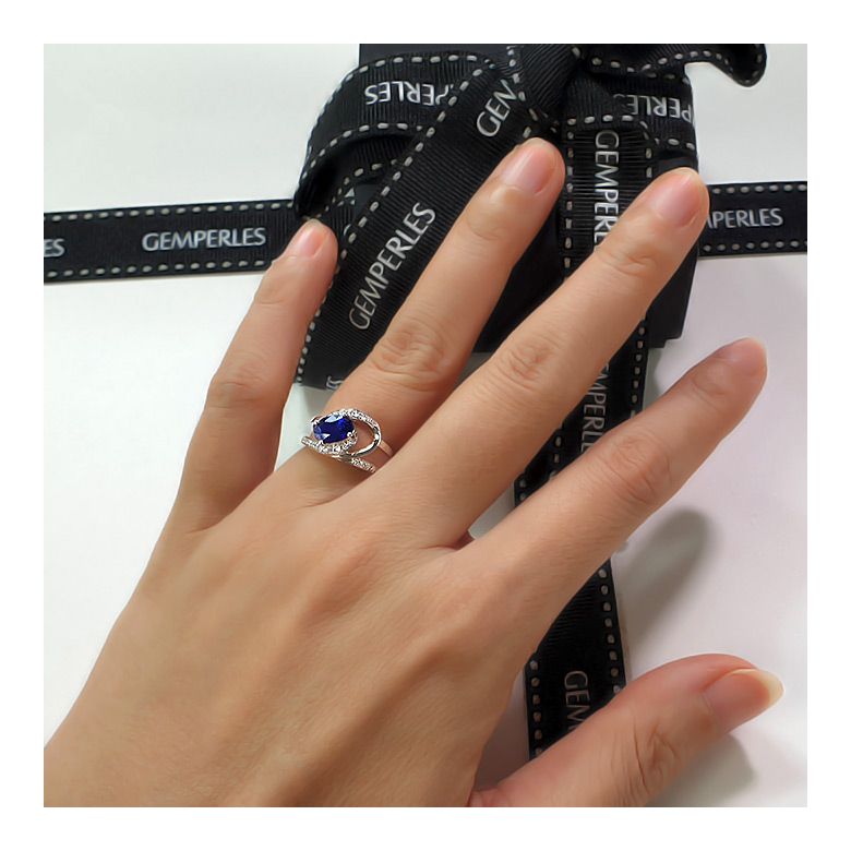 Bague de fiançailles saphir ovale 1 carat. Diamant, Or blanc - 6