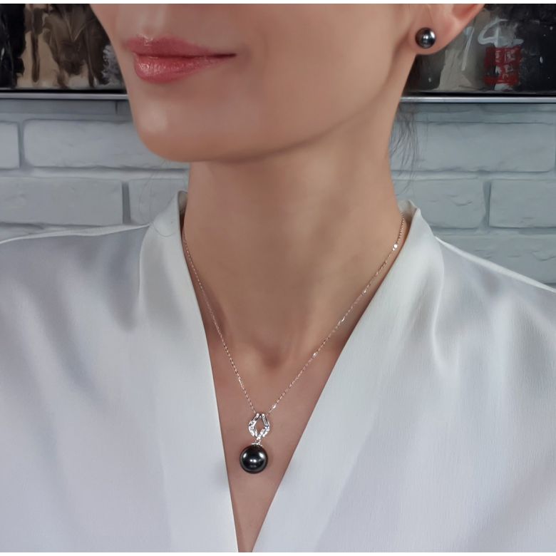 Pendentif ruban or blanc - Perle de Tahiti bronze - Diamants - 2