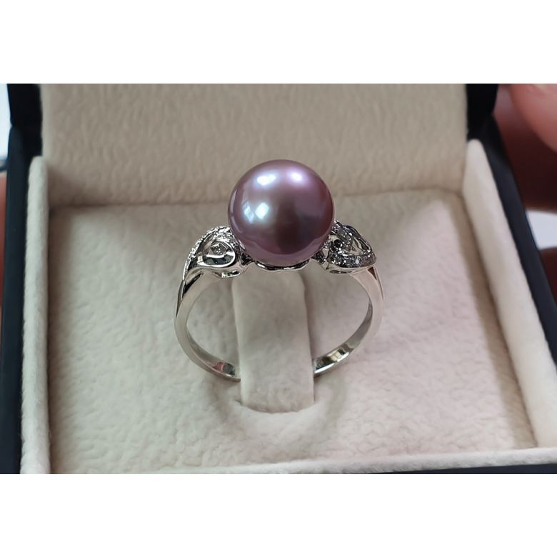 Bague coeur de perle diamanté - Or blanc et Perle d'eau douce blanche - 7