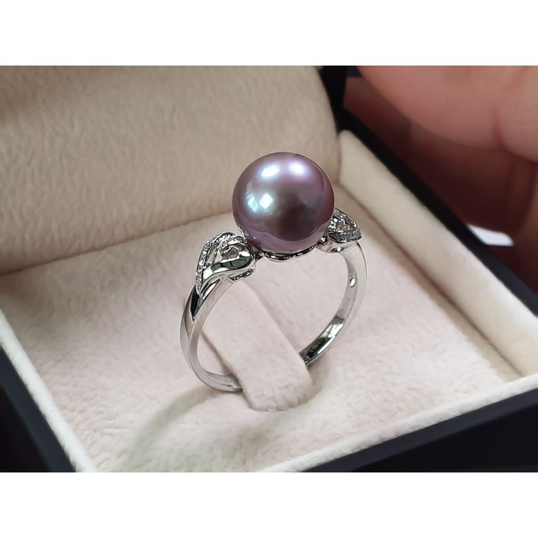 Bague coeur de perle diamanté - Or blanc et Perle d'eau douce lavande - 10