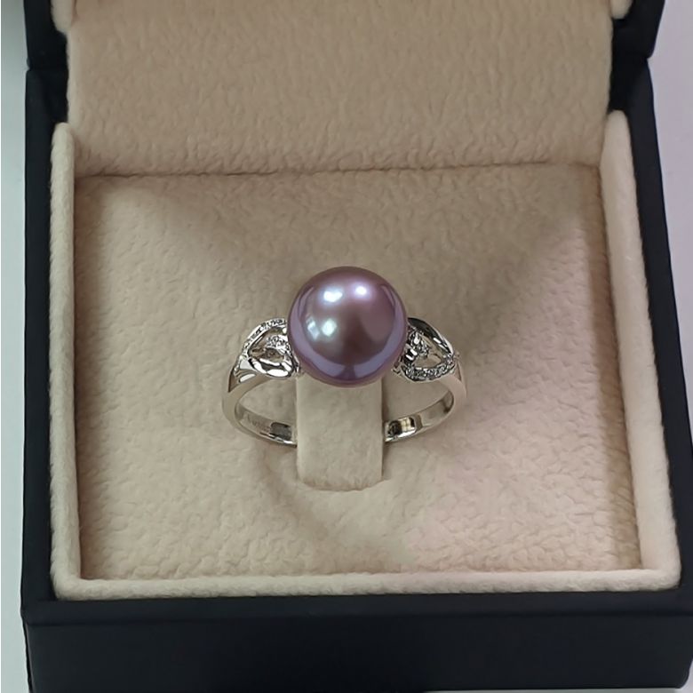 Bague coeur de perle diamanté - Or blanc et Perle d'eau douce lavande - 9
