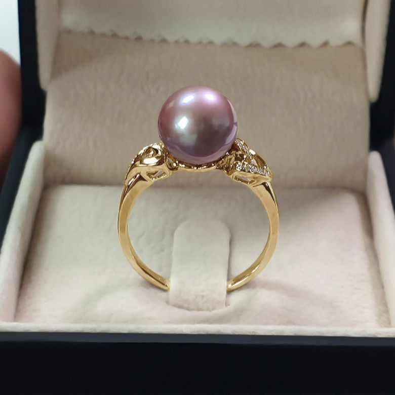 Bague coeur de perle diamanté - Or jaune et Perle d'eau douce Lavande - 4