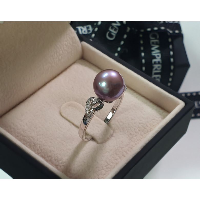 Bague coeur de perle diamanté - Or blanc et Perle d'eau douce lavande - 11