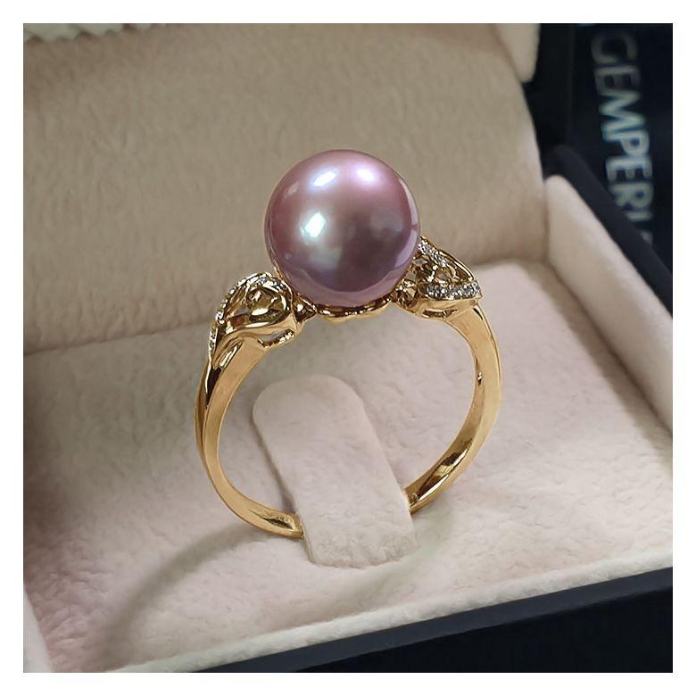 Bague coeur de perle diamanté - Or jaune et Perle d'eau douce Lavande - 6