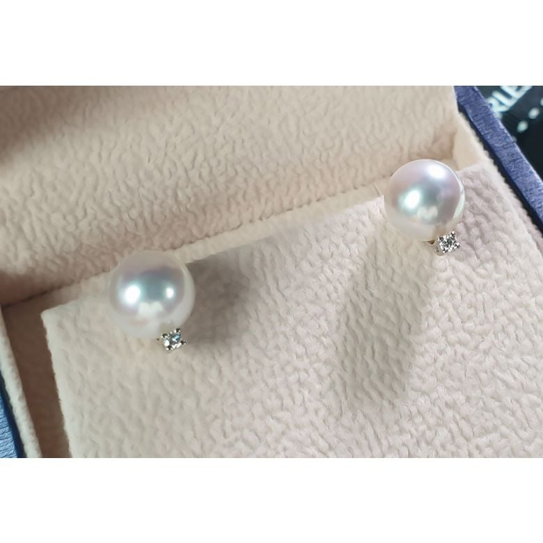 Boucles oreilles perles et puces diamants. Or blanc - 13