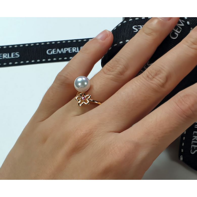Bague fleur. Or jaune, perle Akoya et saphir rose - 8