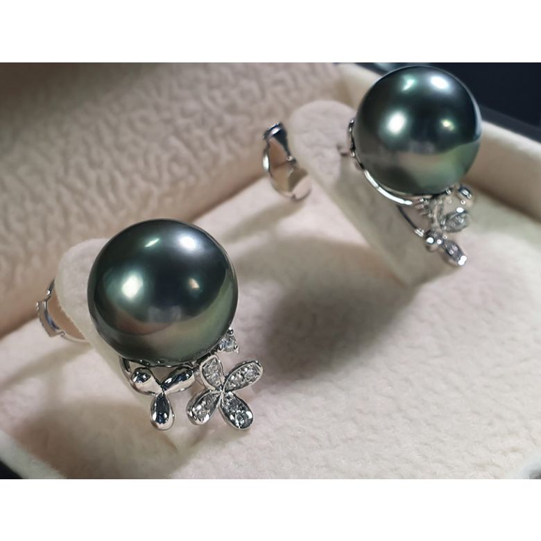 Boucles oreilles perles Tahiti motifs floraux - Or blanc, diamants - 2
