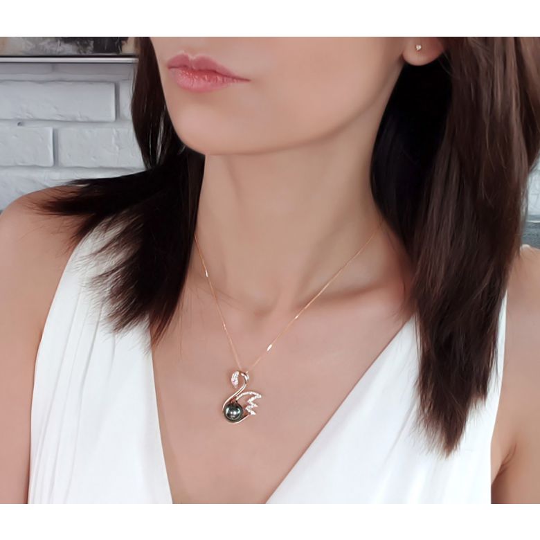 Pendentif cygne - Perle de Tahiti - Or jaune, diamants, saphir rose - 2