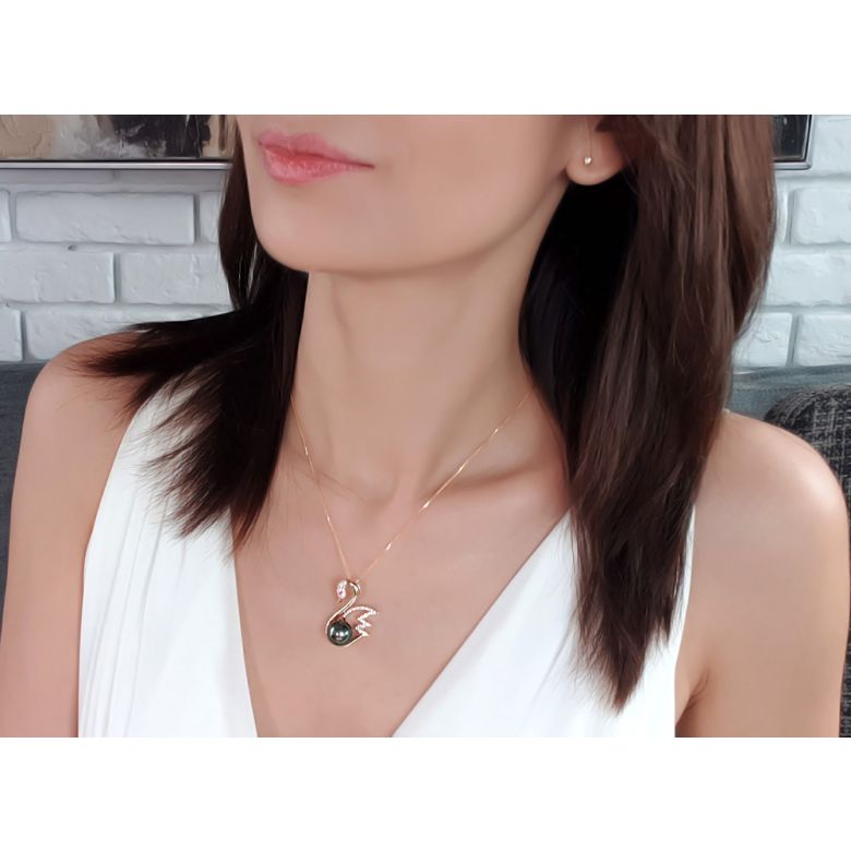 Pendentif cygne - Perle de Tahiti - Or jaune, diamants, saphir rose - 4