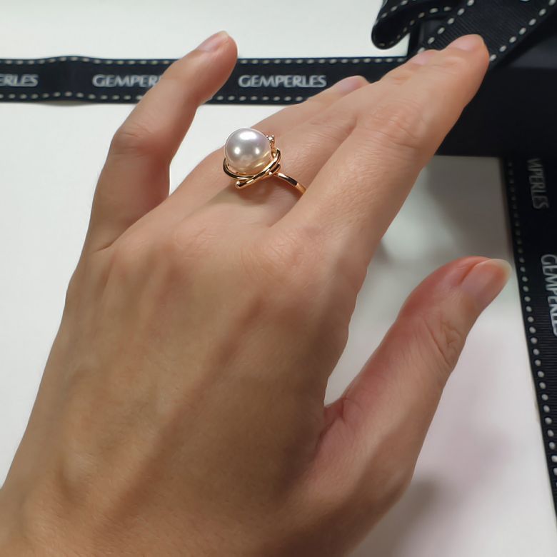 Bague perle d'eau douce blanche - 9.5/10mm, AAA - Or jaune, diamant - 5
