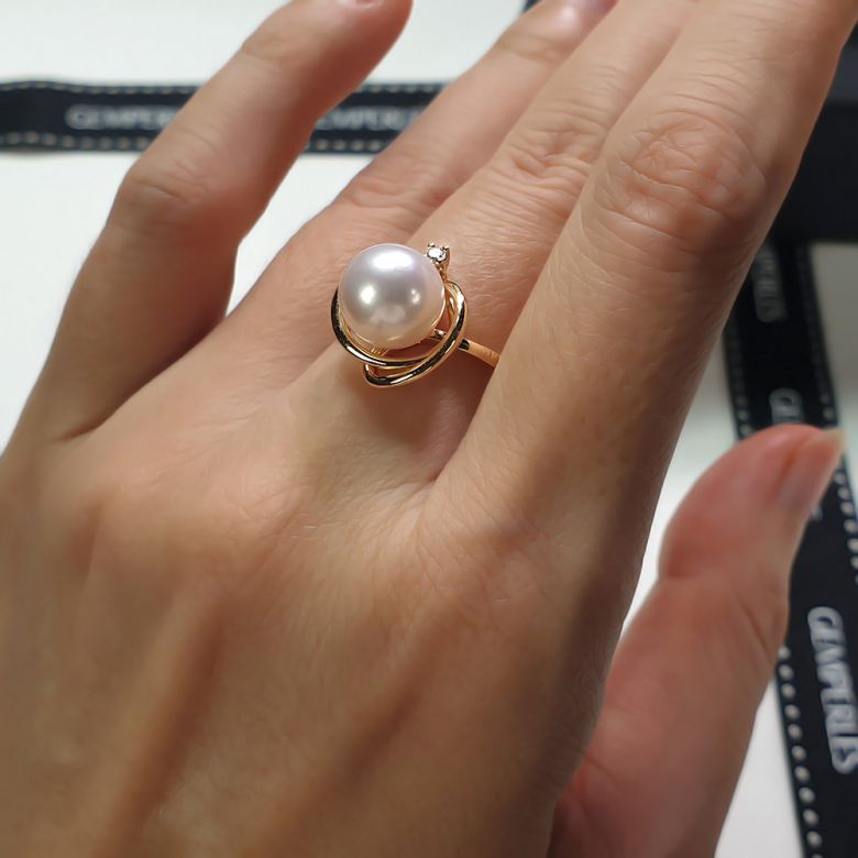 Bague perle d'eau douce blanche - 9.5/10mm, AAA - Or jaune, diamant - 6