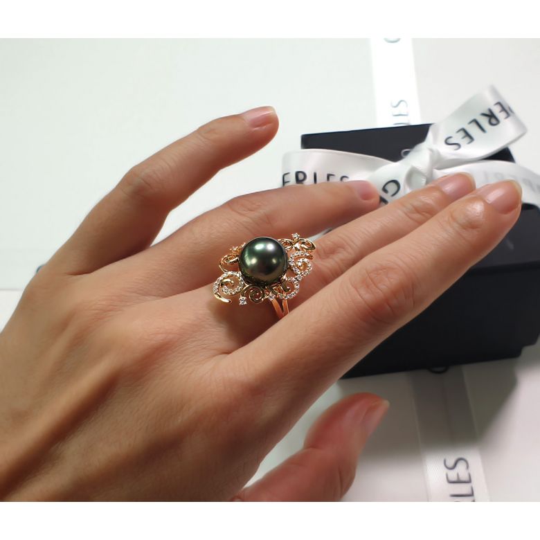 Bague Mindanao - Perle de Tahiti - Or jaune, diamants sertis griffes - 4