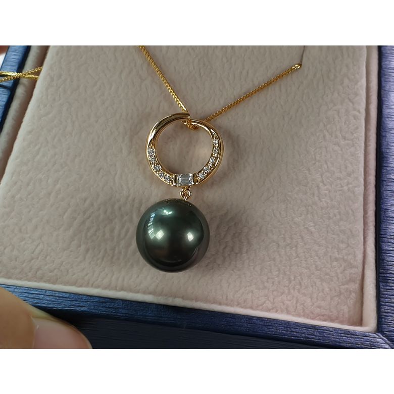 Pendentif circle - Perle Tahiti noire, bleue verte - Or jaune, diamants - 4