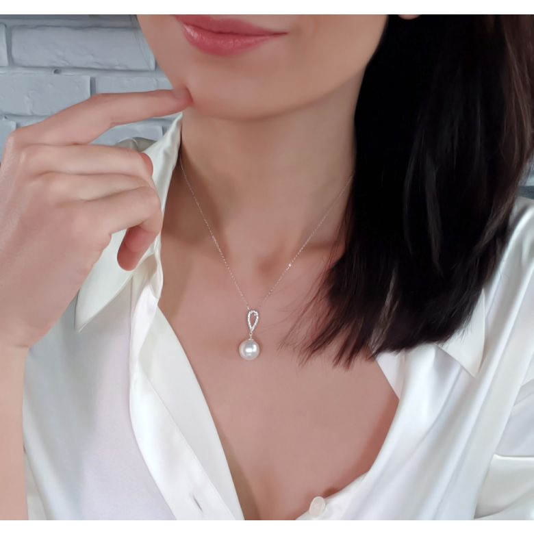 Pendentif goutte diamantée - Perle d'Australie blanche - Or blanc - 1