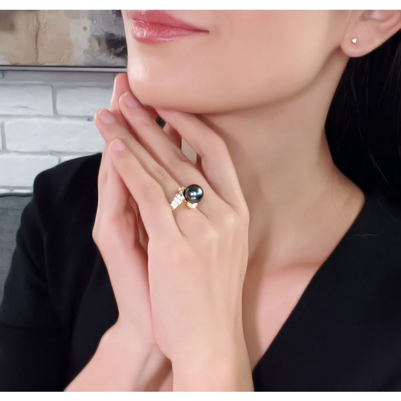 Bague Tuamotu - Perle de Tahiti noire émeraude - Or jaune, diamants - 5