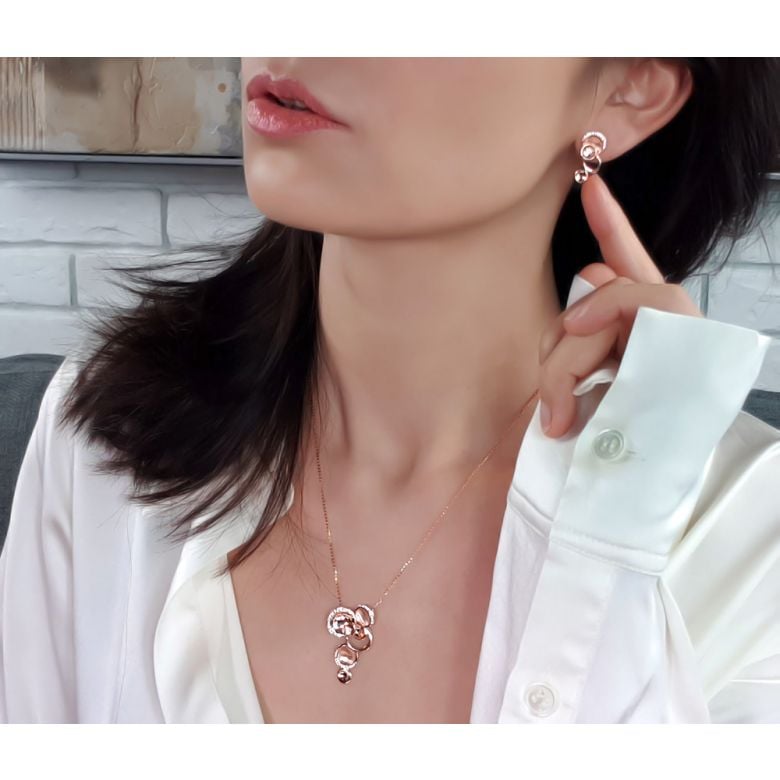Boucles d'oreilles or - Pendants métal or rose et diamants - Courbes - 4