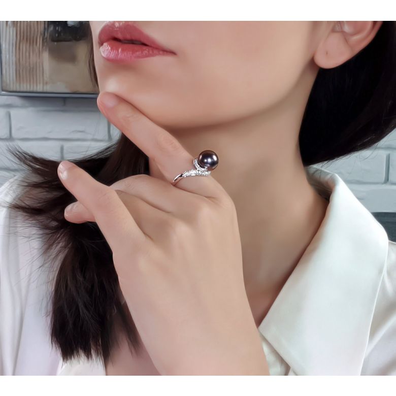 Bague perle de polynésie, Tahiti - Or blanc, diamants micro sertis - 4