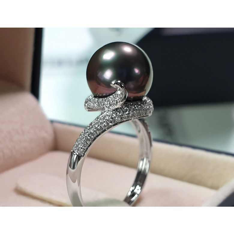 Bague perle de polynésie, Tahiti - Or blanc, diamants micro sertis - 3