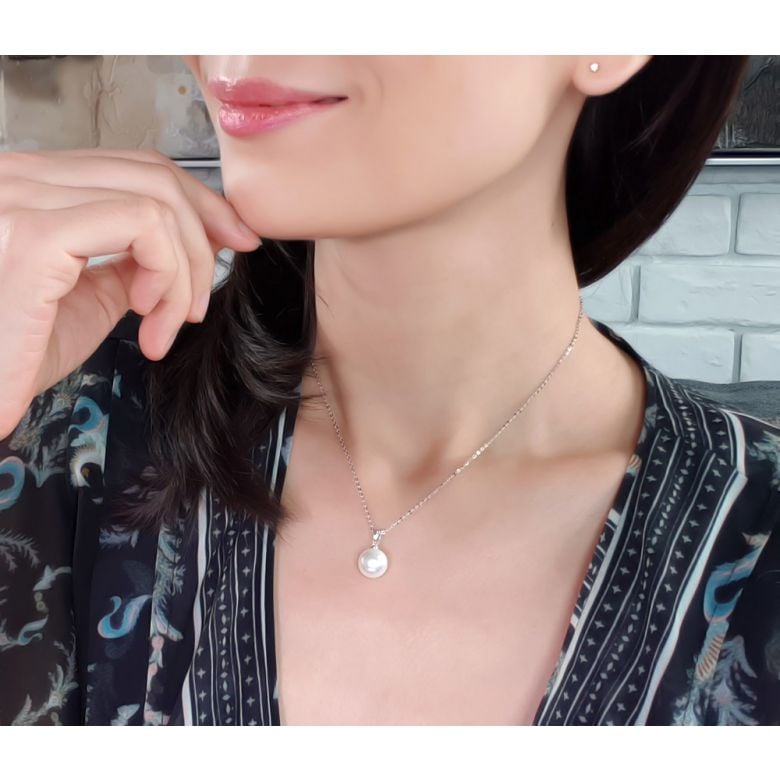 Collier une perle blanche - Pendentif or blanc - 2