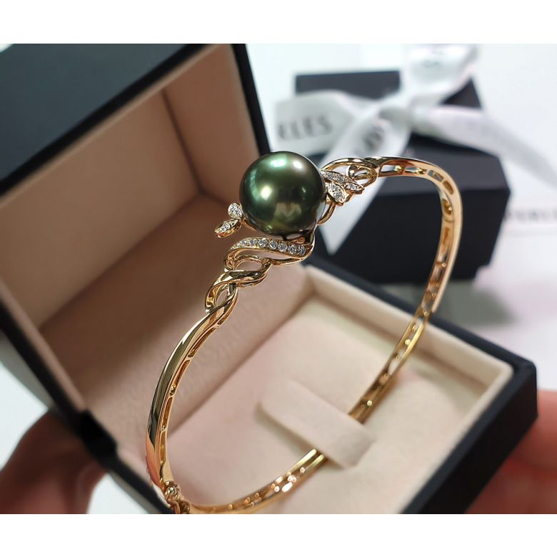 Bracelet jonc - Perle de Tahiti noire - Or jaune, diamants - 2