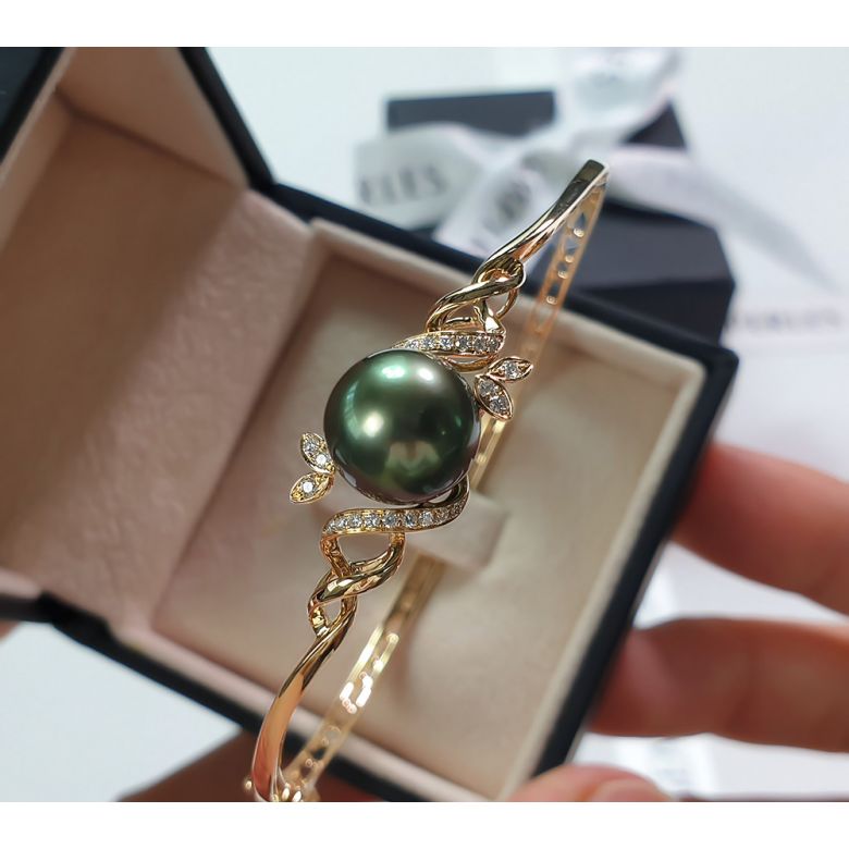 Bracelet jonc - Perle de Tahiti noire - Or jaune, diamants - 4