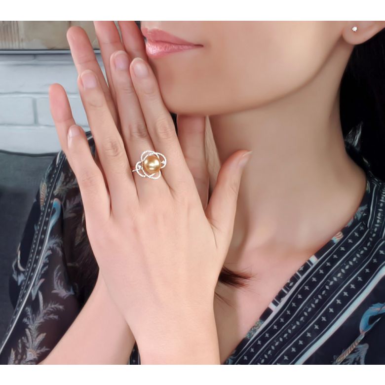 Bague fleur - Un matin de rosé - Perle de Tahiti, or jaune, diamants - 11