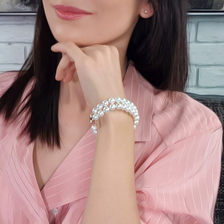 Bracelet Femme 2 rangs - Perles culture eau douce blanches - 8/8.5mm - 4