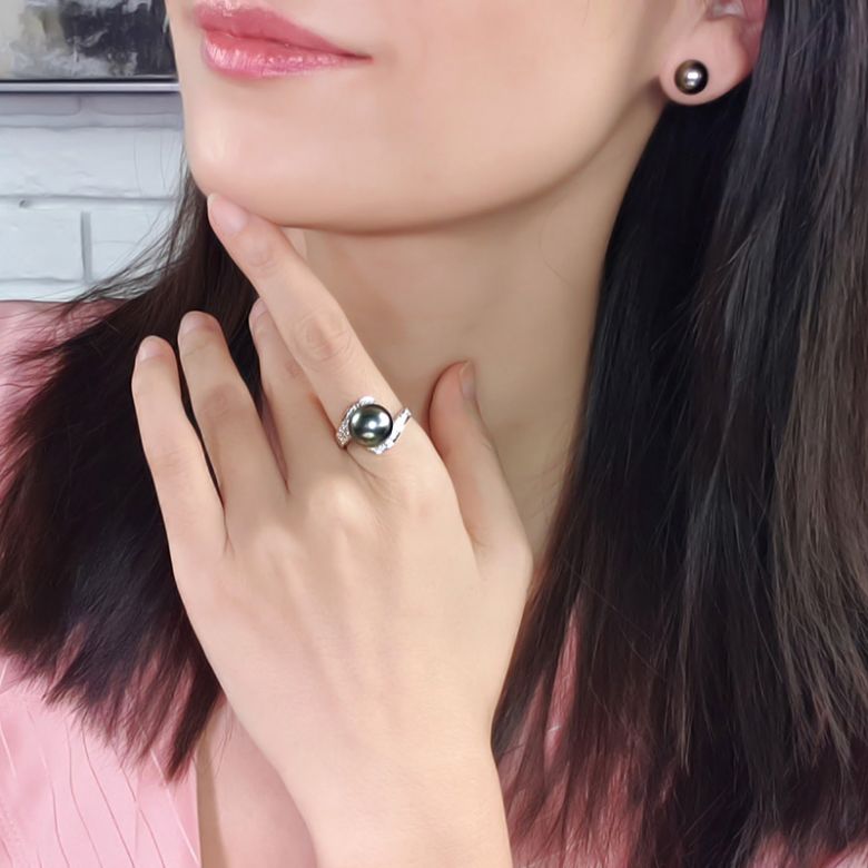 Bague Tuamotu - Perle de Tahiti noire émeraude - Or blanc, diamants - 7