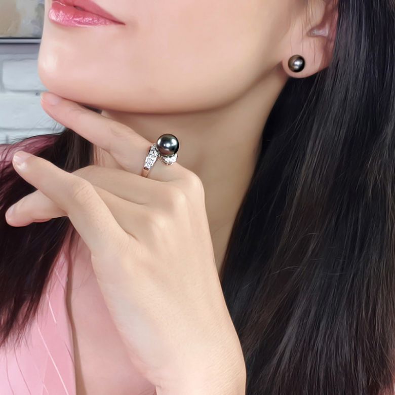 Bague Tuamotu - Perle de Tahiti noire émeraude - Or blanc, diamants - 8