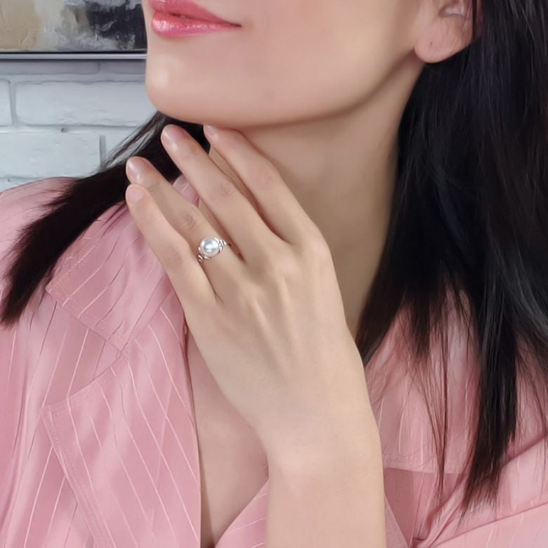 Bague or perle du Japon - Perle Akoya blanche - Or blanc, diamants - 4