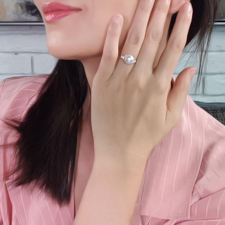 Bague or perle du Japon - Perle Akoya blanche - Or blanc, diamants - 3