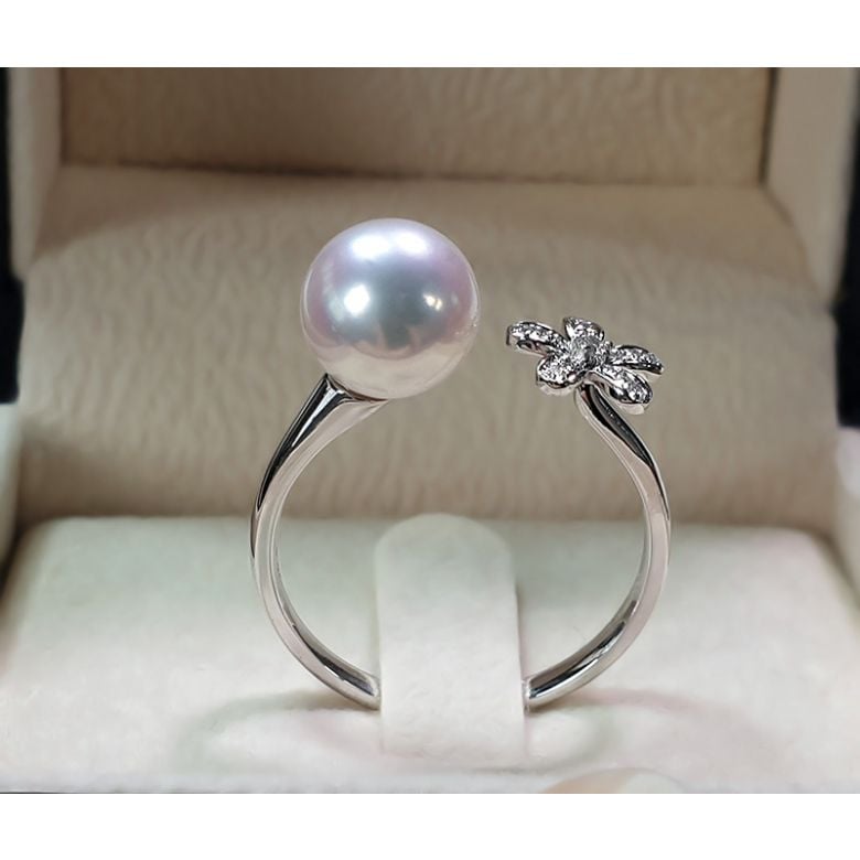 Bague fleur et perle Akoya blanche Japon. Diamants - 5