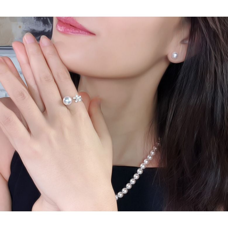 Bague fleur et perle Akoya blanche Japon. Diamants - 6
